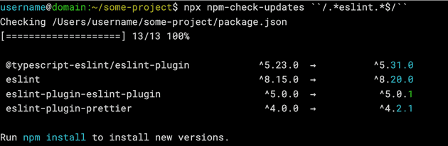 An image of the command line after checking for updates. A list of package names that match the regex are displayed with the current and latest versions. 